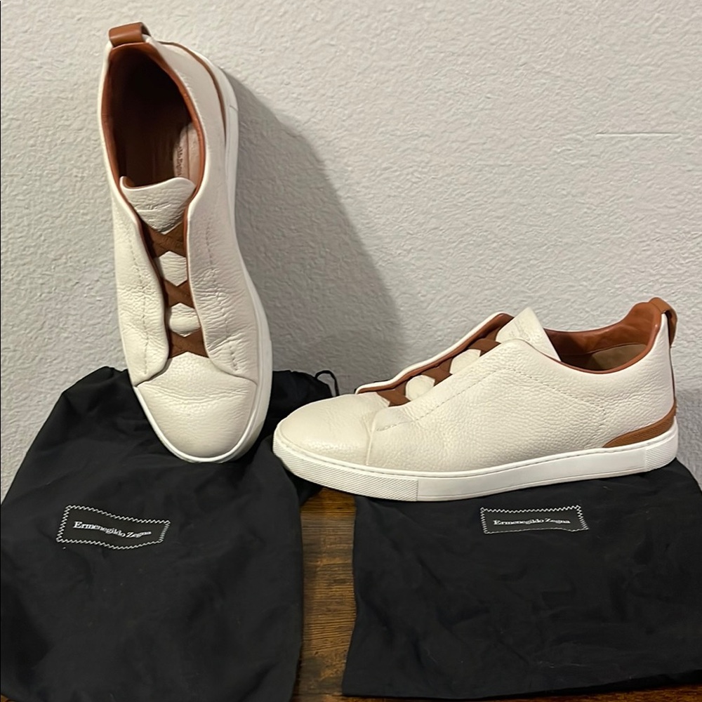 Ermenegildo Zegna White and Brown Sneakers with Leather Finish